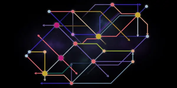 A complex network of glowing lines and nodes sits against a dark, starry background, using vibrant pink, blue, and gold.