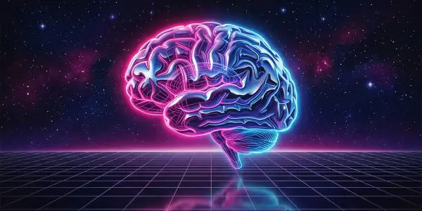 A neon-outlined brain above a grid in starfield