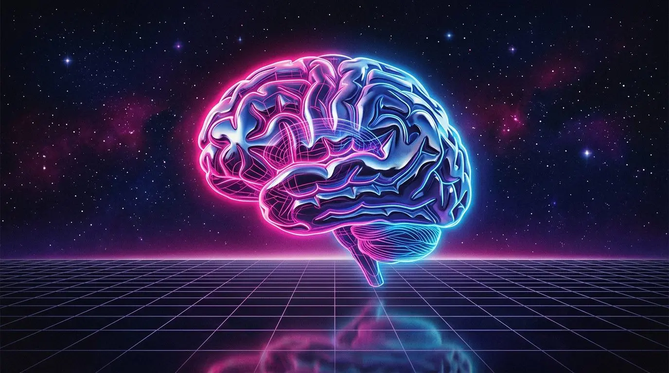 A neon-outlined brain above a grid in starfield