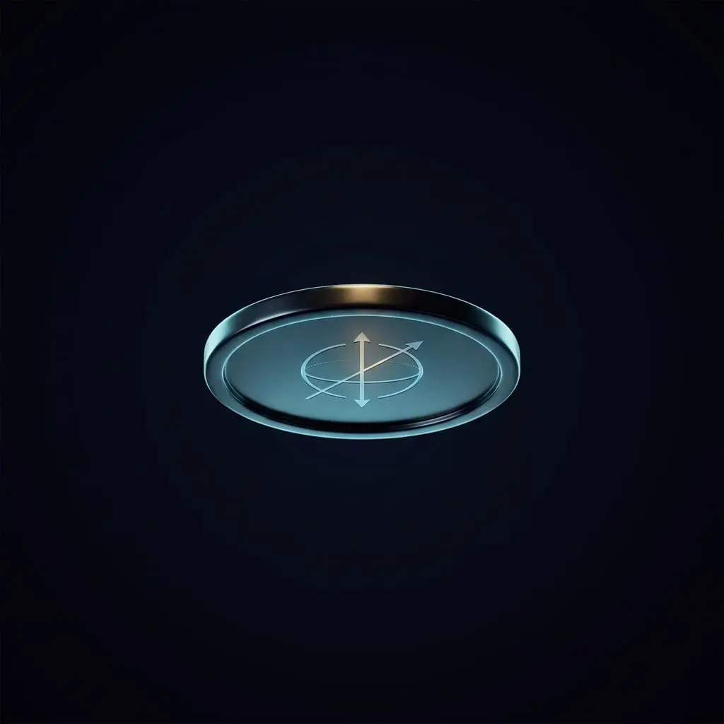 A dark metallic disc floating on a near-black background, its face engraved with a glowing three-axis sphere-and-arrows symbol resembling a Bloch sphere.