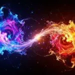 Cold blue and hot orange plasma swirls connected by a thread of light in space