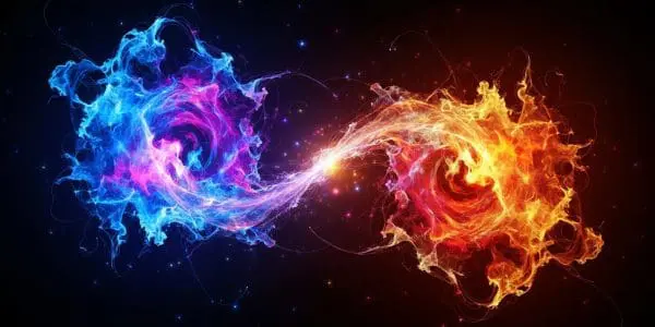 Cold blue and hot orange plasma swirls connected by a thread of light in space