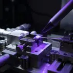 Micrometer stages under violet light during alignment