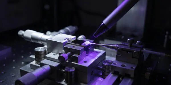 Micrometer stages under violet light during alignment