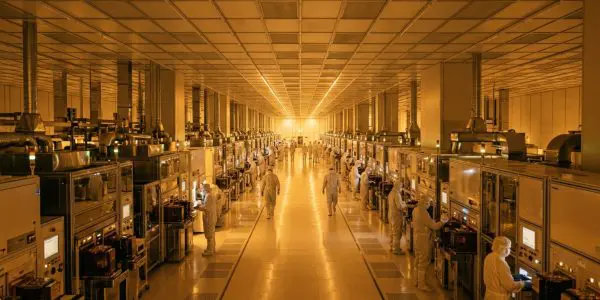 A long corridor within a cleanroom is lined with complex machinery and figures in protective suits, bathed in warm yellow light