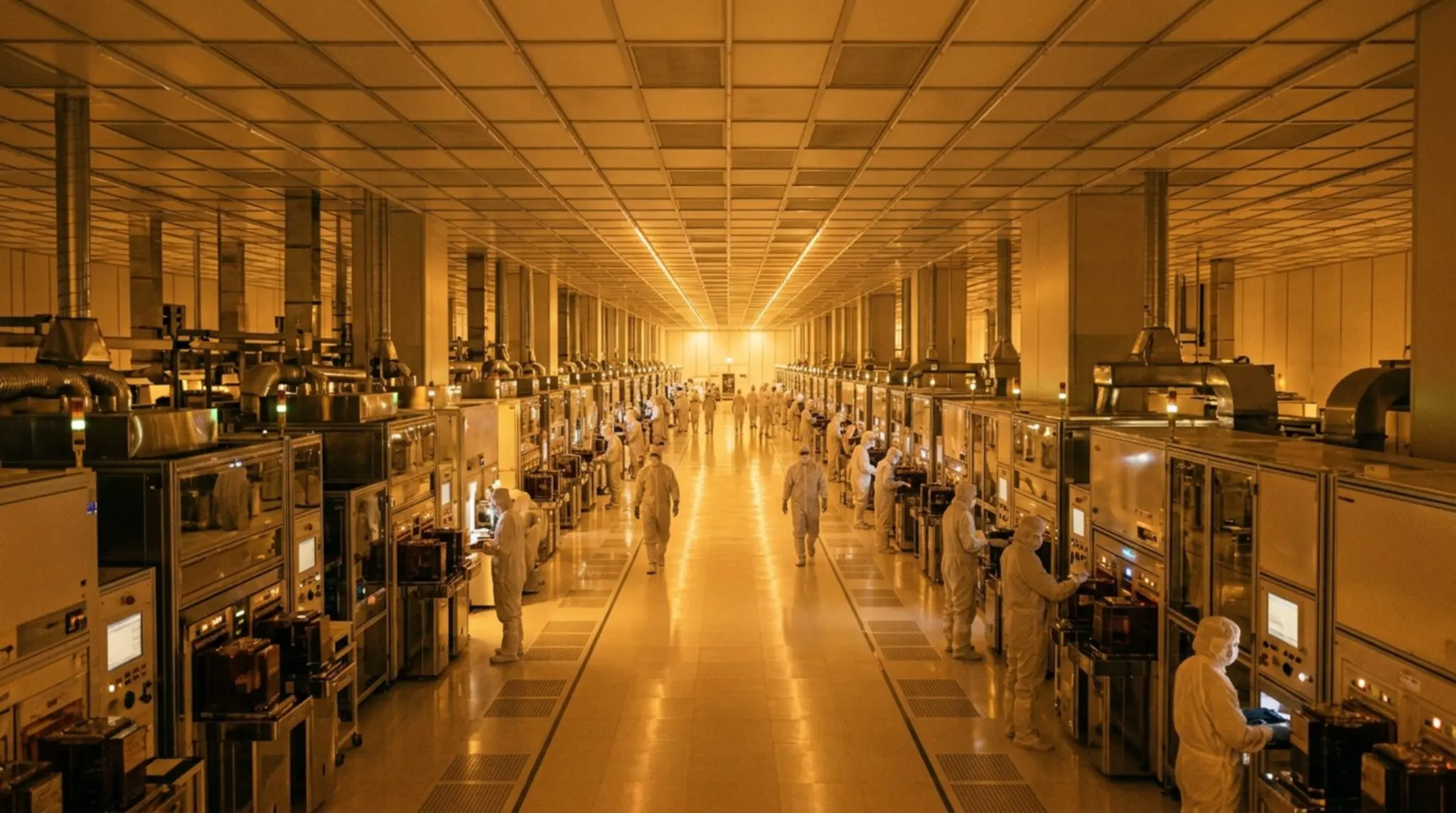 A long corridor within a cleanroom is lined with complex machinery and figures in protective suits, bathed in warm yellow light