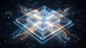 A glowing, transparent microchip rests above a hexagonal grid, illuminated with blue and orange light