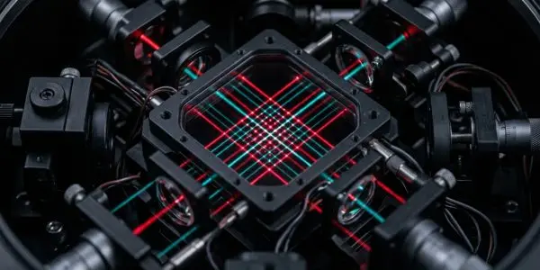 A complex arrangement of optical components creates a glowing grid of red and teal laser beams within a dark laboratory setting.