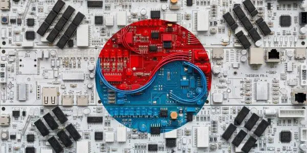 South Korea quantum computing companies, the South Korean flag rendered in circuit boards