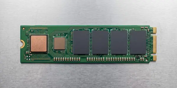 A green solid-state drive module on brushed metal