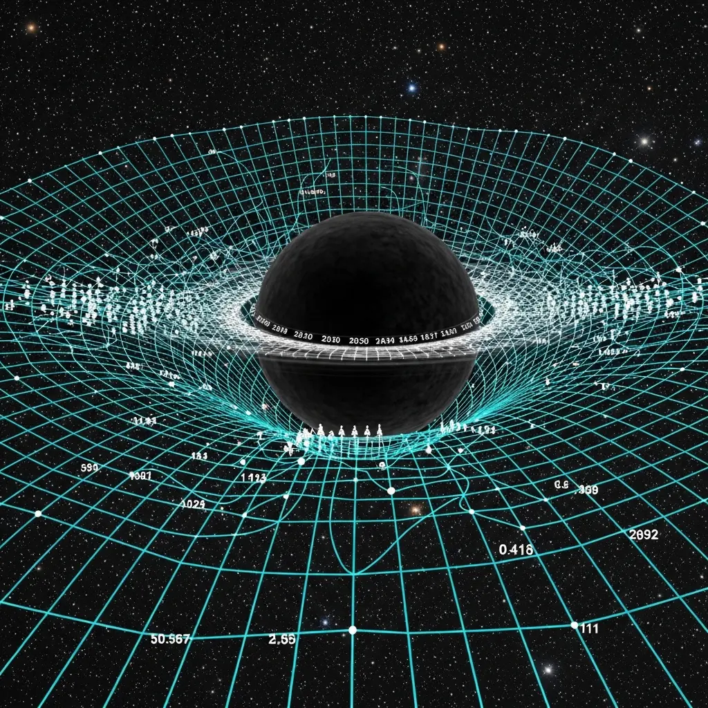 Curved spacetime grid bending around massive object, measurement markers fading or distorting along the curvature