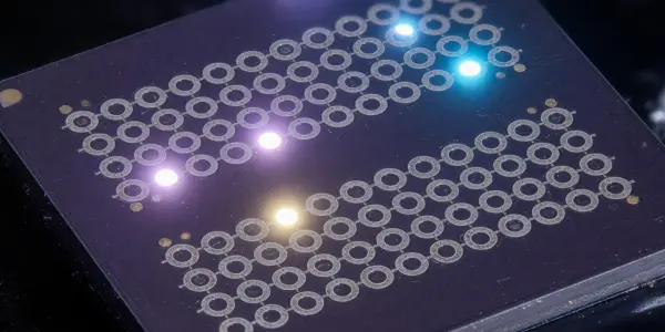 A metallic chip with an array of circular features glowing in purple, blue, and yellow, set against a dark background.