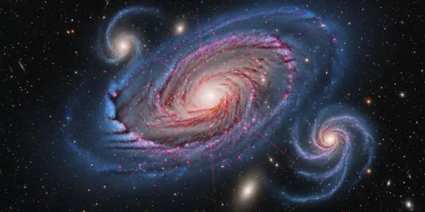 Distant galaxy emitting spectral glow with iron emission lines subtly radiating, surrounding gas clouds shaped by faint luminous contours