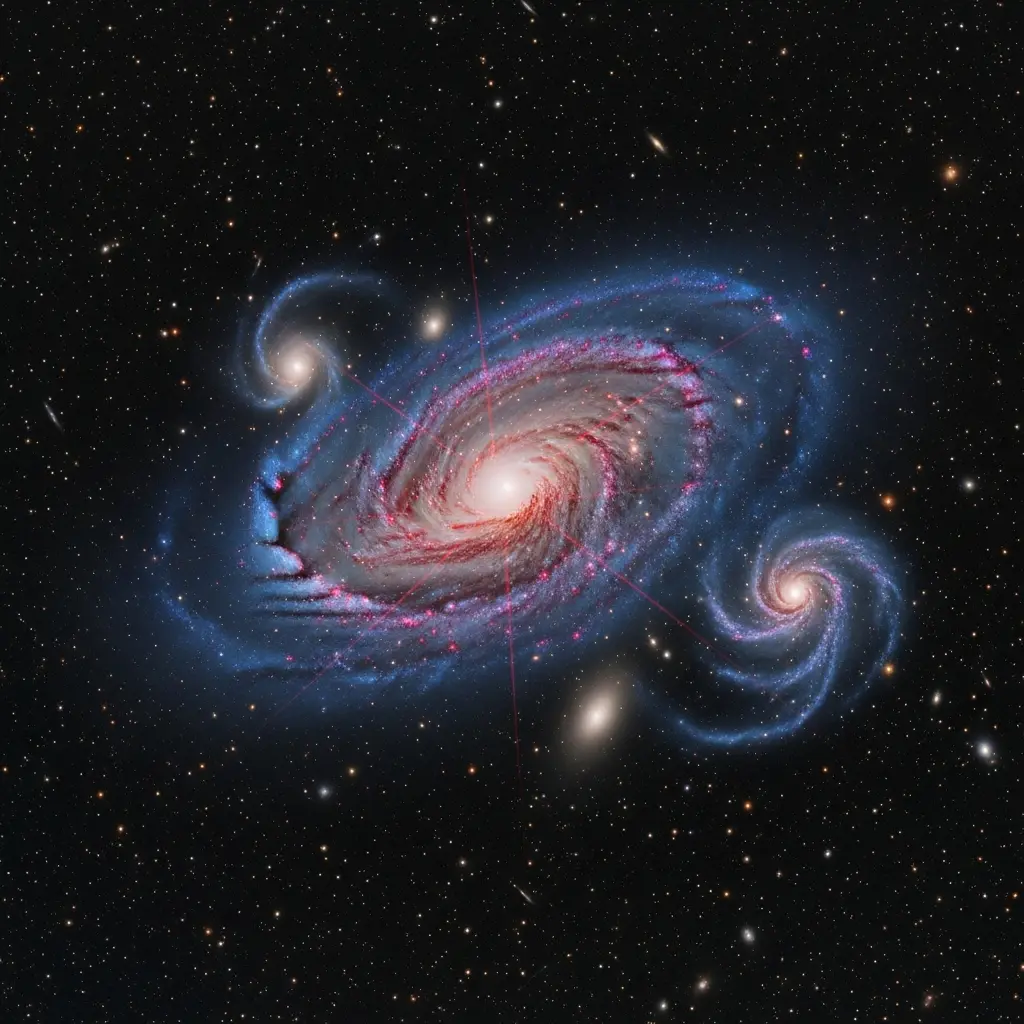 Distant galaxy emitting spectral glow with iron emission lines subtly radiating, surrounding gas clouds shaped by faint luminous contours