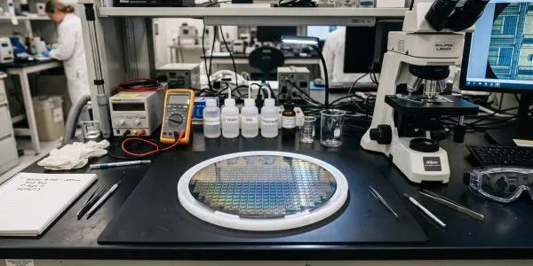 A silicon wafer on a laboratory bench