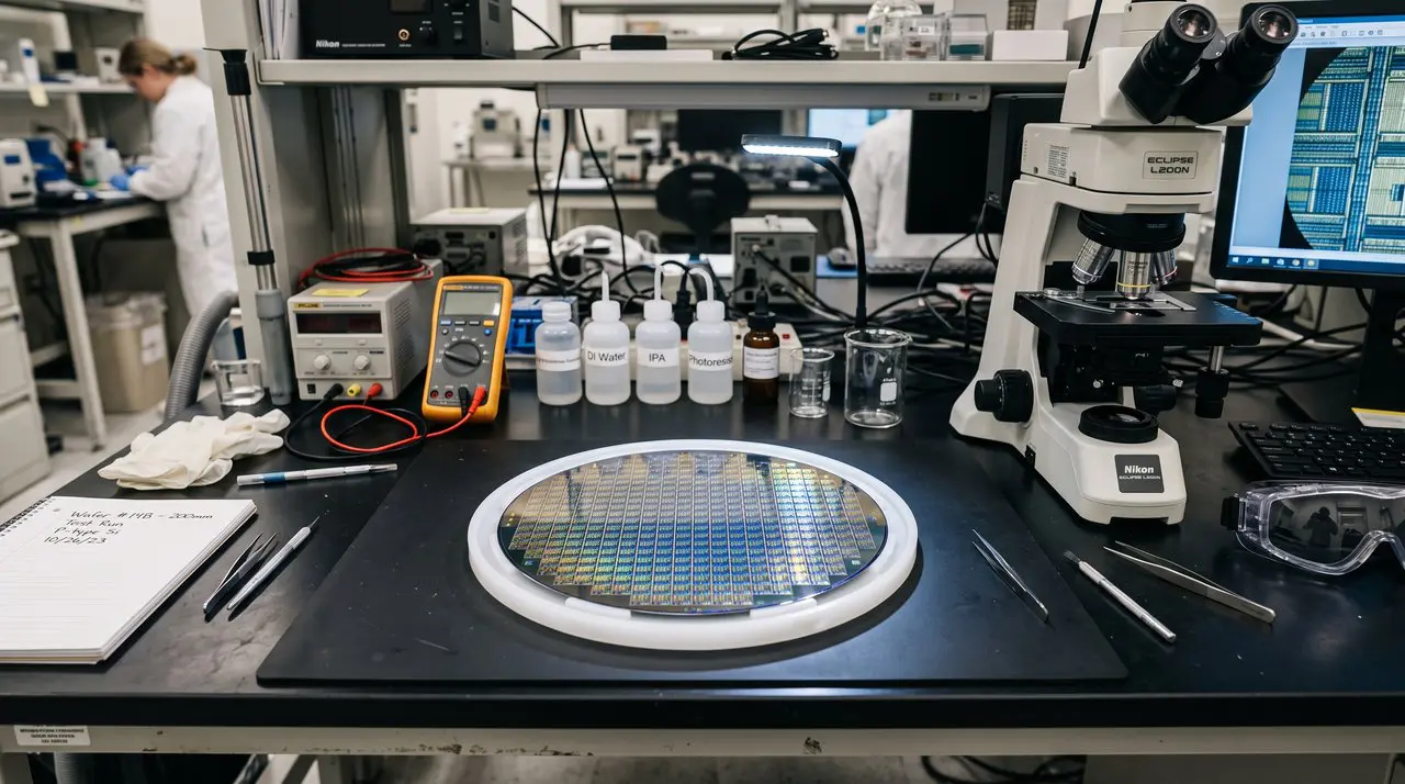 A silicon wafer on a laboratory bench