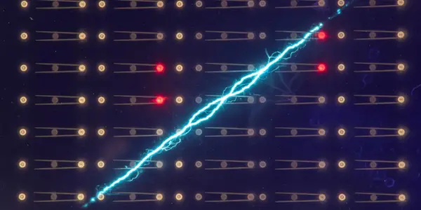 A dark, cosmic scene features rows of glowing nodes connected by lines, bisected by a bright, jagged blue electrical arc.