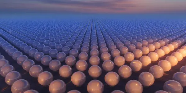 An endless grid of glowing spheres extends towards a distant horizon under a pastel sky, in shades of blue and peach.