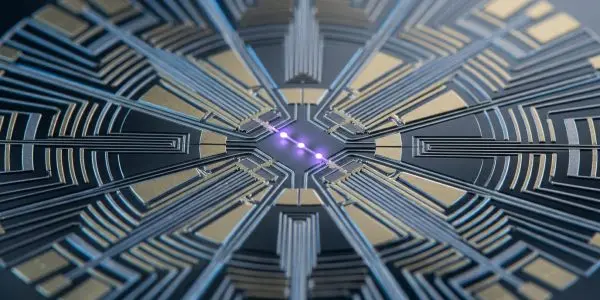 An intricate, symmetrical microchip with glowing purple pathways is viewed from directly above against a dark background.