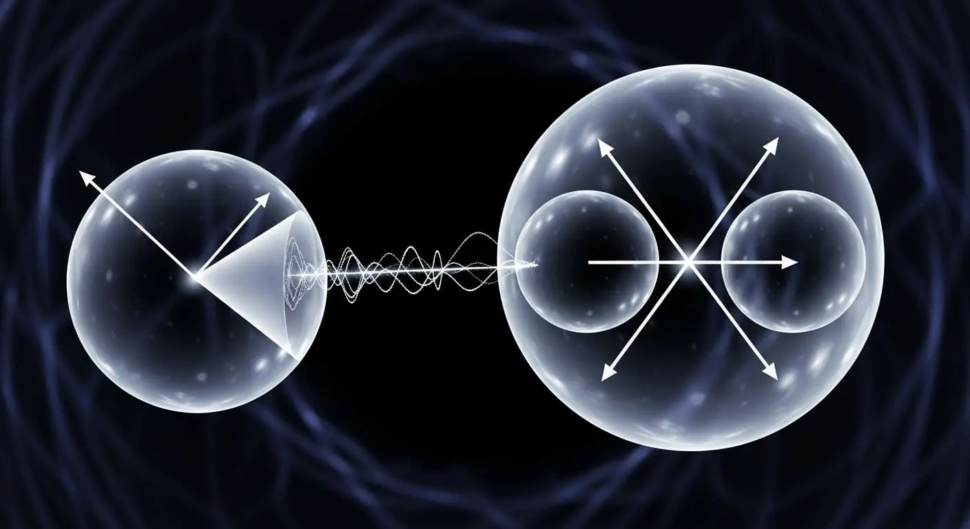 Two glassy spheres marked with spin arrows connected by a wave on a dark field