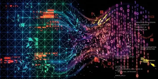 A blue lattice of qubits on the left fragmenting into streams of binary and error messages on the right