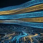 Horizontal ribbons of blue and gold binary digits stream above a dark circuit board with glowing traces