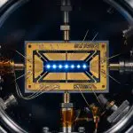 A gold-coloured quantum processor chip is suspended within a metallic, circular vacuum chamber, illuminated by cool blue light.