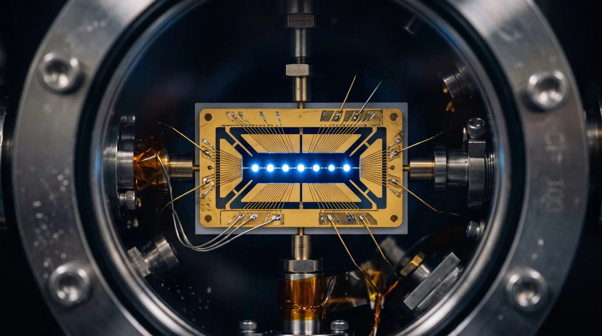 A gold-coloured quantum processor chip is suspended within a metallic, circular vacuum chamber, illuminated by cool blue light.