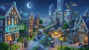 A vibrant pixel art scene depicts a futuristic town with medieval and modern buildings under a moonlit sky.