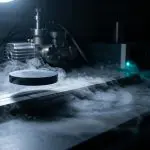 A dark disc levitating above vapour on a lab bench