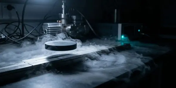 A dark disc levitating above vapour on a lab bench