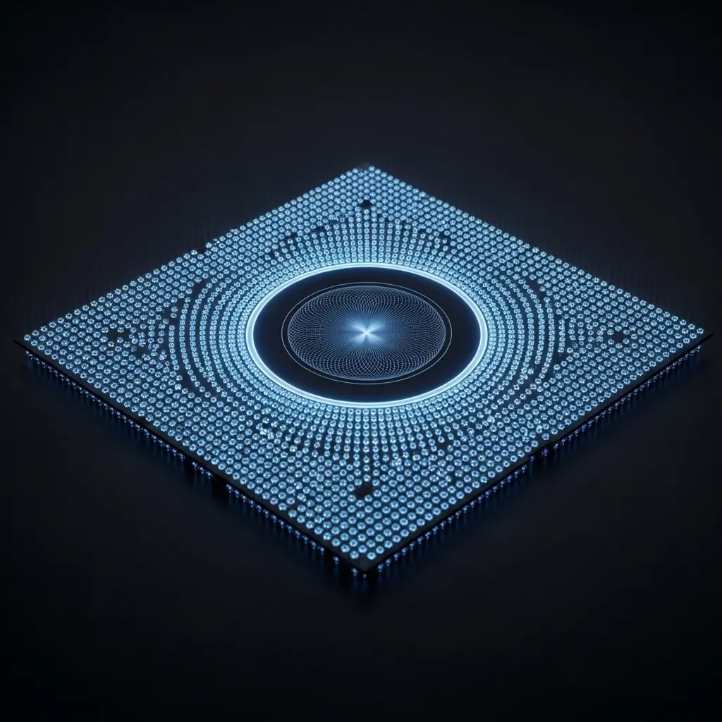arge superconducting chip with 156 faintly glowing qubit nodes arranged in precise grid