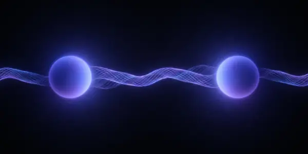 Two glowing purple orbs are connected by a wavy, luminous line against a dark, black background