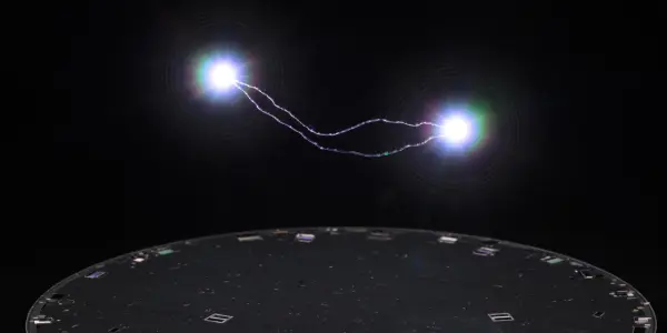 A dark, futuristic laboratory setting features a circular platform with glowing purple elements and bright, sparking electrical arcs between two points.