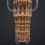 A gold cryostat hanging against dark grey, the chip mount visible at its base