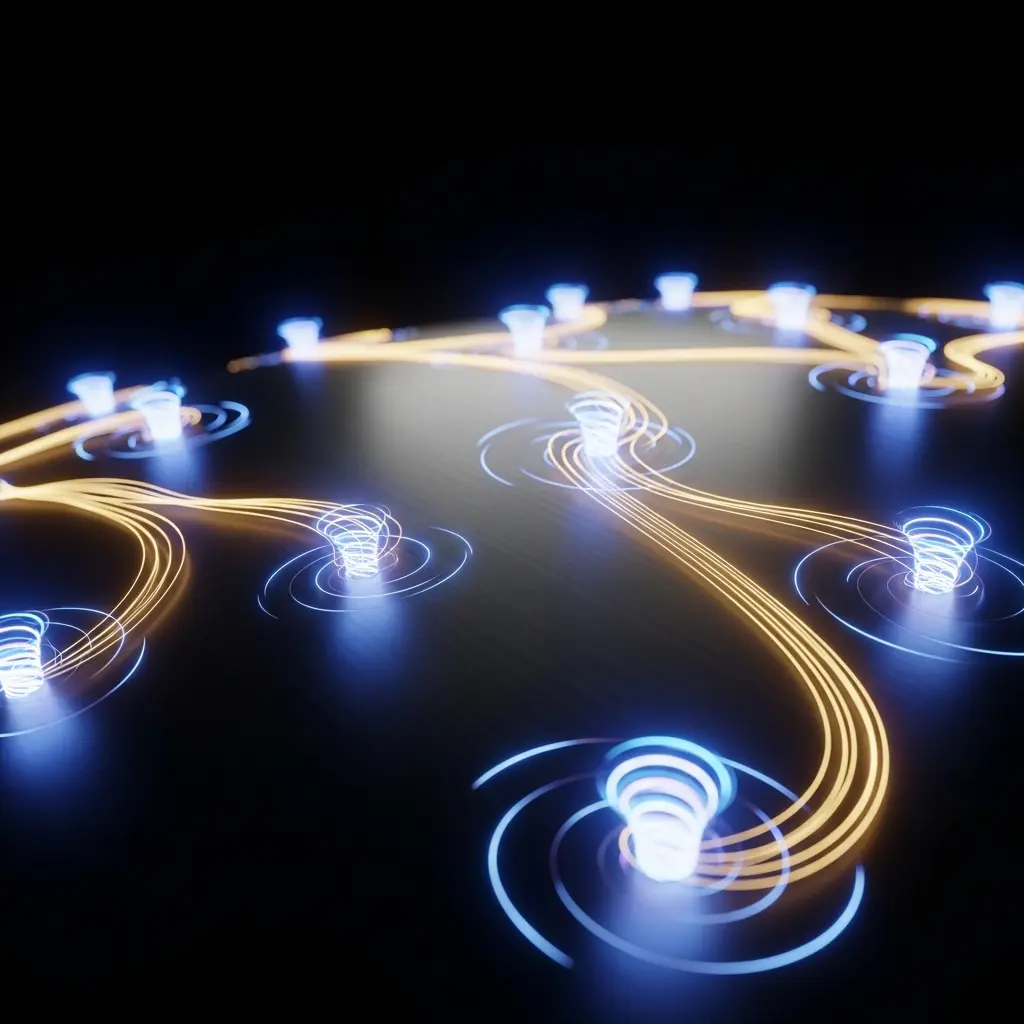 Superconducting surface with microscopic swirling vortices glowing at discrete points, smooth current flowing around them