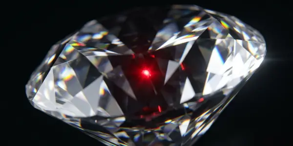 A brilliant-cut diamond with a single red point of light burning at its heart