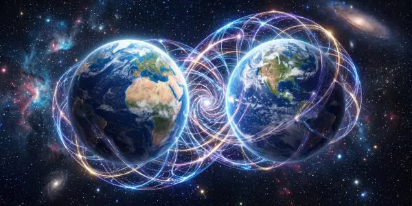 Two planets linked by streams of light