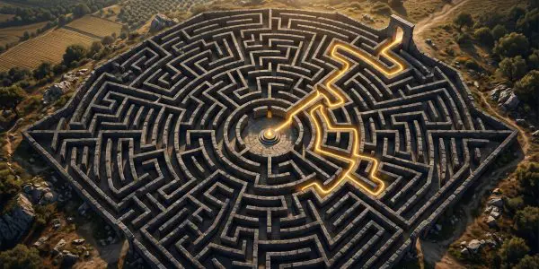 aerial view of a circular stone labyrinth with a glowing golden path traced to its centre