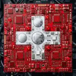 Switzerland quantum computing companies: red circuit-board flag of Switzerland with silver cross