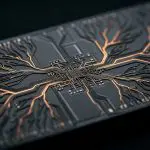 A detailed circuit board with golden traces on a dark grey surface is presented in a low-angle, dramatic lighting