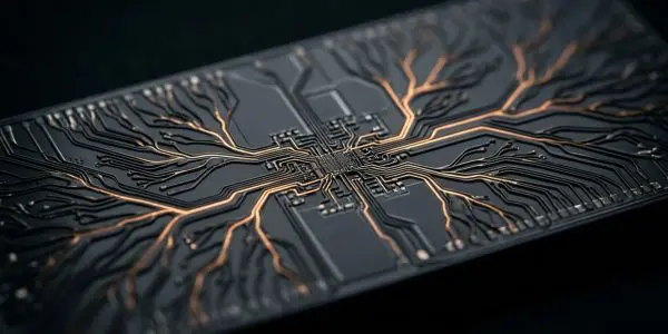 A detailed circuit board with golden traces on a dark grey surface is presented in a low-angle, dramatic lighting