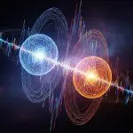Blue and orange glowing orbs encircled by orbital rings and crossed by a colorful waveform in space