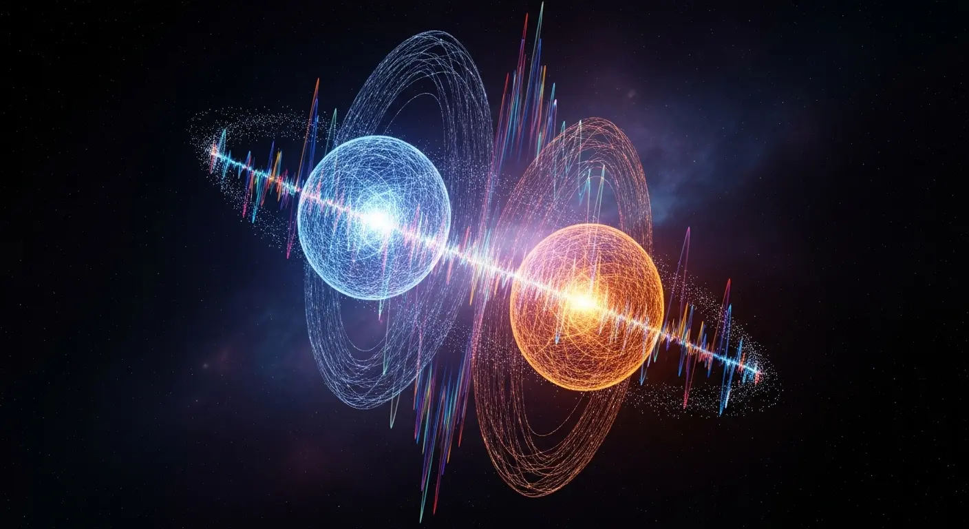 Blue and orange glowing orbs encircled by orbital rings and crossed by a colorful waveform in space