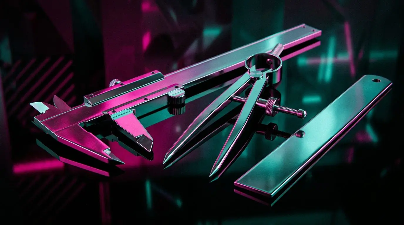 Polished calipers and dividers in coloured light