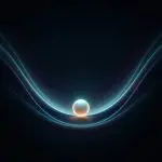 A softly glowing sphere sitting at the low point of a curved valley traced by faint blue light lines on a dark background.