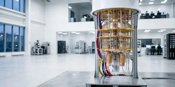 A gold-wired dilution refrigerator standing uncovered on the floor of a bright open laboratory