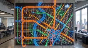 A brightly illuminated, abstract map of a city street network dominates the wall in a modern office setting.