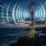 A radio mast broadcasting streams of binary