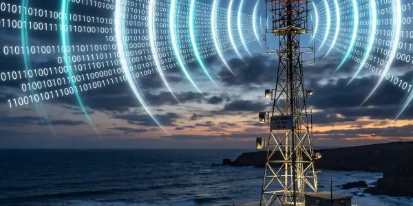 A radio mast broadcasting streams of binary